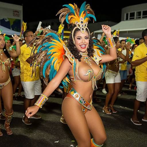 Photograph of a vibrant Carnival dancer with blue, orange, and yellow feathered headdress, gold bikini, and beaded accessories, dancing at night