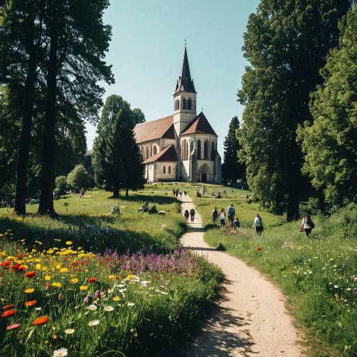 Path to Romanesque Church through Flower Meadow