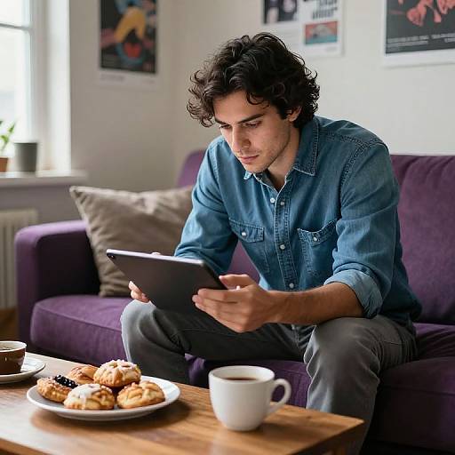 Photograph of a curly-haired, fair-skinned man in a blue denim shirt, sitting on a purple sofa, focused on a tablet, with a