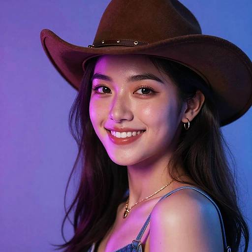 Photograph of a smiling Asian woman with long dark hair, wearing a brown cowboy hat, hoop earrings, and denim straps, illuminated by blue and purple