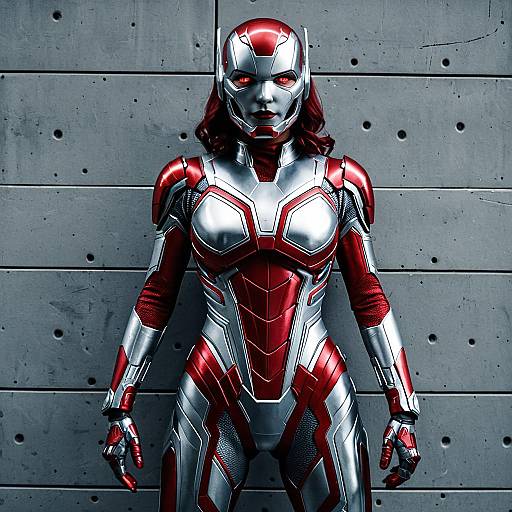 Digital illustration of a red and silver female Iron Man suit standing against a gray, industrial wall with visible rivets.