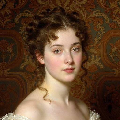 Digital portrait of a young woman with fair skin, brown curly hair, and delicate features, against an ornate, dark floral-patterned background. She