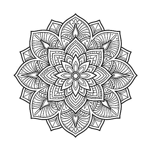 Black and white, intricate, symmetrical, digital line drawing of a complex, starburst mandala with detailed, overlapping floral and geometric patterns.