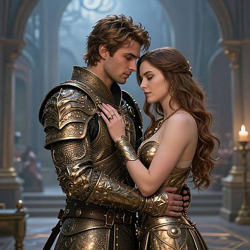 Digital art of a handsome armored man and a beautiful woman in ornate gold armor, standing close in a grand, misty cathedral.