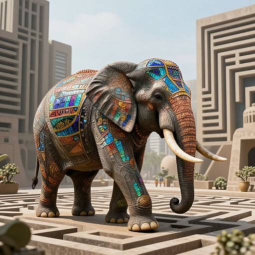 Stained-Glass Elephant in Gravity-Defying City