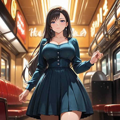 Woman in Vintage Dress at Diner