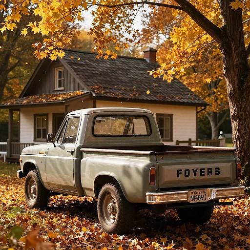 Vintage Truck by Rustic Cabin in Autumn