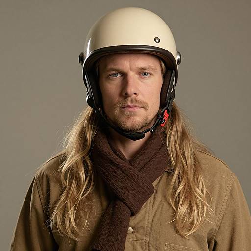 Photograph of a serious, bearded man with long blonde hair, wearing a beige helmet, brown scarf, and brown jacket, against a gray background