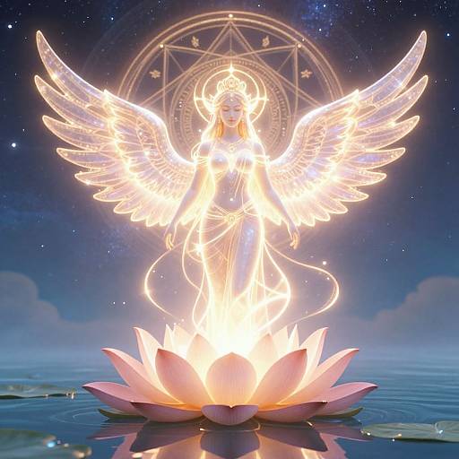 Digital artwork of a glowing, winged angel with halo standing on a fiery lotus flower, set against a starry night sky with a mystical circular