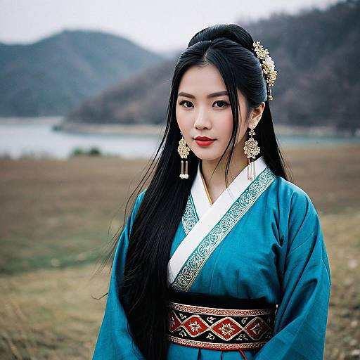 Woman in Traditional Korean Hanbok Outdoors