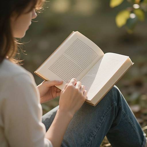 Photograph of a woman with shoulder-length brown hair, wearing a white blouse and blue jeans, reading an open book outdoors, sunlight filtering through leaves in