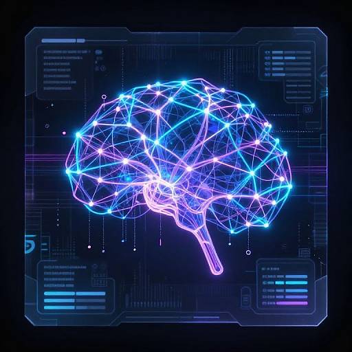 Digital CGI image of a glowing, neon blue and purple wireframe human brain on a dark, circuit-board background.