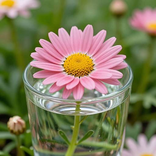 Photograph of a pink daisy with a yellow center, floating in a clear glass of water, surrounded by blurred greenery and other pink flowers.