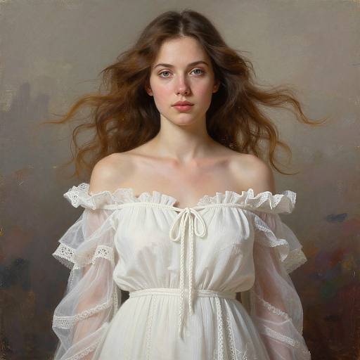 Digital portrait of a fair-skinned woman with long brown hair, wearing an off-shoulder white lace dress, against a muted, textured background.