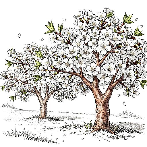 Detailed botanical drawing of two blooming cherry trees with white flowers and green leaves, standing in a grassy field.