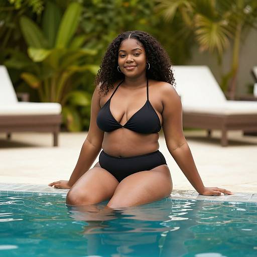 Photograph of a curvy Black woman with curly hair in a black bikini, sitting in a pool, surrounded by lush greenery and white lounge chairs