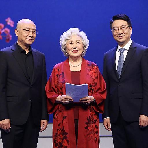 Three Friends on Stage with Floral Background