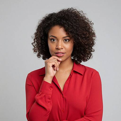 Photograph of a confident Black woman with medium brown skin and curly black hair, wearing a vibrant red button-up shirt, posing thoughtfully with her chin