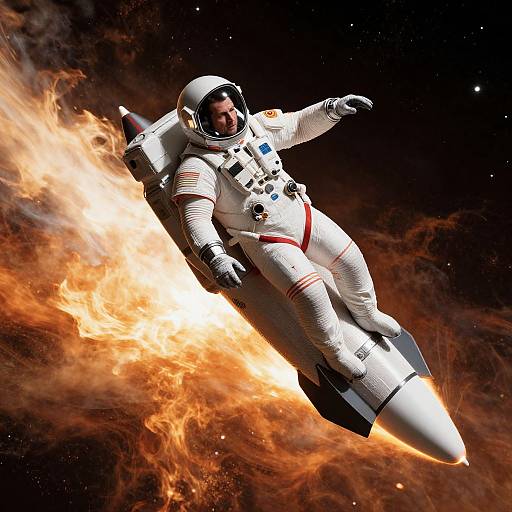 Photograph of a male astronaut in a white spacesuit with red stripes, floating with a rocket, surrounded by fiery orange flames in space.