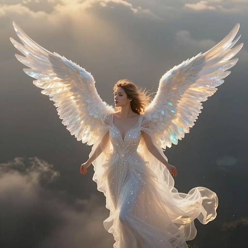 Photograph of a radiant angelic woman with glowing white wings and a flowing, sparkling white dress, floating against a dramatic, cloudy sky backdrop.