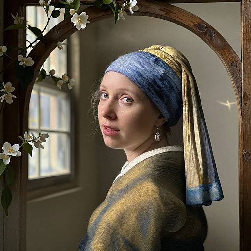Photograph of a woman in a Renaissance-style painting, wearing a blue headscarf, yellow and blue headdress, and gold-brown dress,