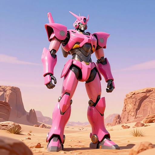 Digital CGI of a pink, bulky, humanoid robot with black and yellow accents standing in a bright desert landscape under a clear blue sky.