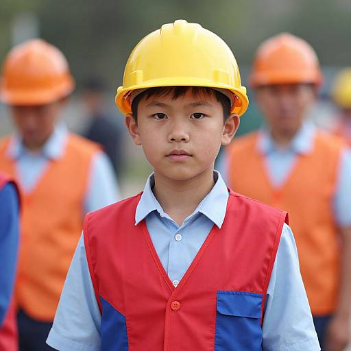 Photograph of a young Asian boy wearing a yellow hard hat, red and blue vest, and white shirt, standing in front of blurred, similarly dressed