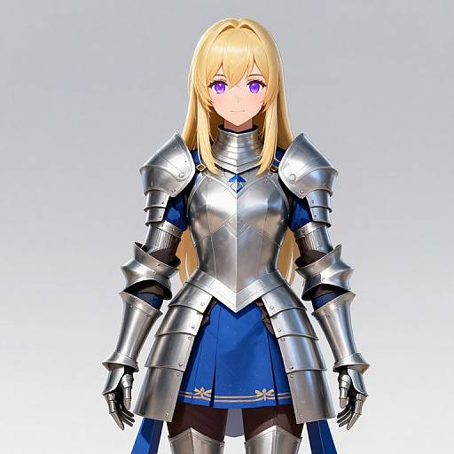 Digital anime-style drawing of a blonde woman with purple eyes in silver armor and blue dress, standing against a gradient gray background.