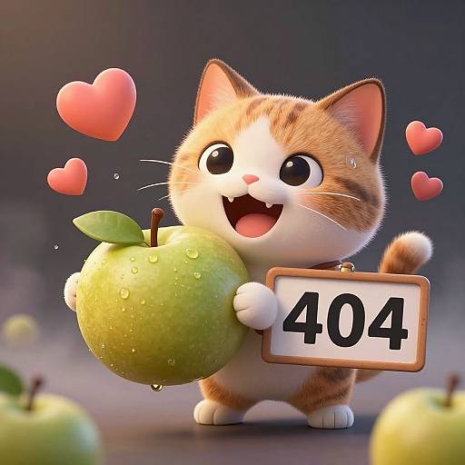 Cute CGI cartoon cat with orange and white fur, holding green apple and sign 