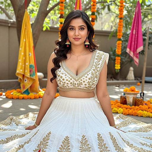 Photograph of a South Asian woman with long black hair, wearing a gold-embroidered white traditional lehenga, standing in a sunlit garden