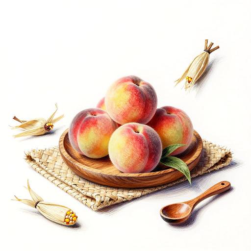 Photograph of ripe peaches with red and yellow hues, on a woven basket, accompanied by dried corn husks and a wooden spoon, against a