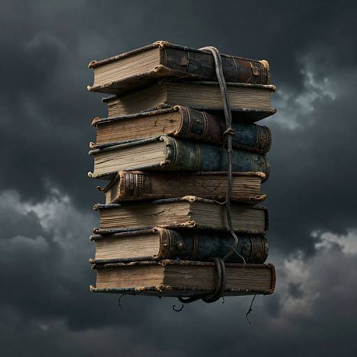 Photograph of a floating stack of old, weathered books bound with worn, dark leather straps, against a dramatic, cloudy, dark blue sky.