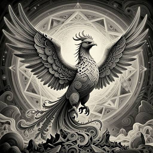 Black-and-white digital drawing of a majestic, detailed phoenix with outstretched wings, standing on rocky terrain, surrounded by swirling clouds and a glowing,