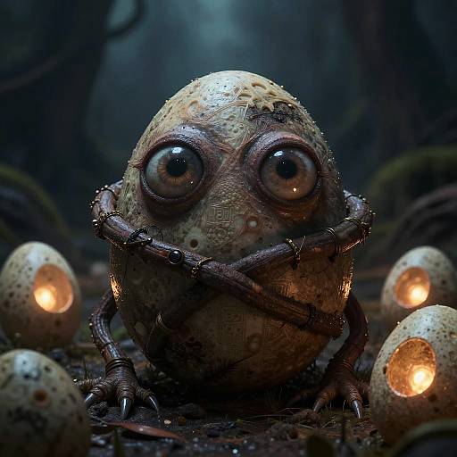 Photorealistic CGI of a creepy, textured egg creature with large, shiny eyes and twisted brown tendrils, surrounded by glowing eggs in a dark,