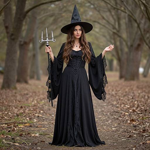 Photograph of a young woman with long brown hair in a black witch hat and dress, holding a white candelabra, standing on a leaf-covered