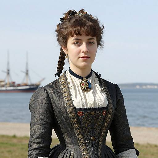 Photograph of a young woman with fair skin and brown hair in an elaborate Victorian-style black dress with intricate patterns, standing by a waterfront with a ship
