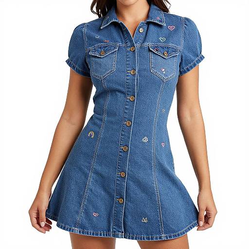 Photograph of a woman wearing a short-sleeved, button-down, blue denim dress with chest pockets and decorative buttons, standing against a white background
