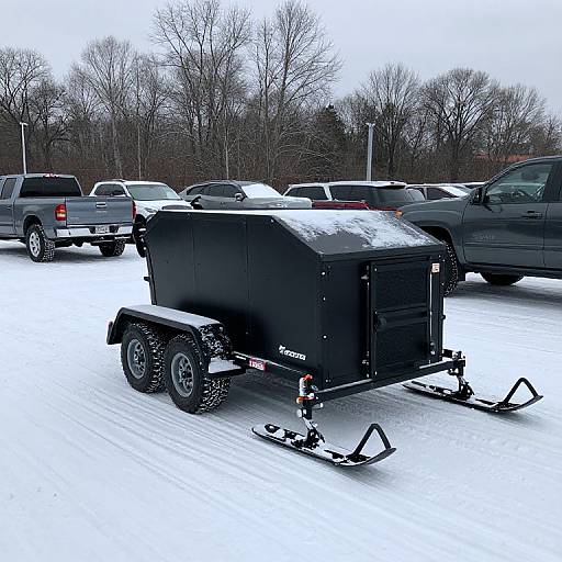 Photograph of a black, snow-covered utility trailer with two wheels and snow tracks, parked in a snowy lot with parked trucks and bare trees in the