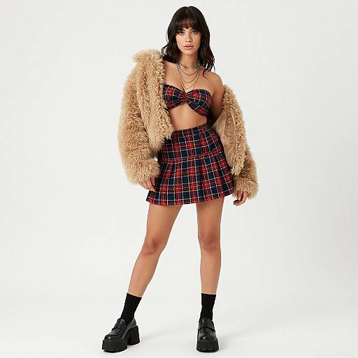 Photograph of a young woman with black bangs, wearing a tan furry jacket, red plaid bikini top, matching mini skirt, black socks,