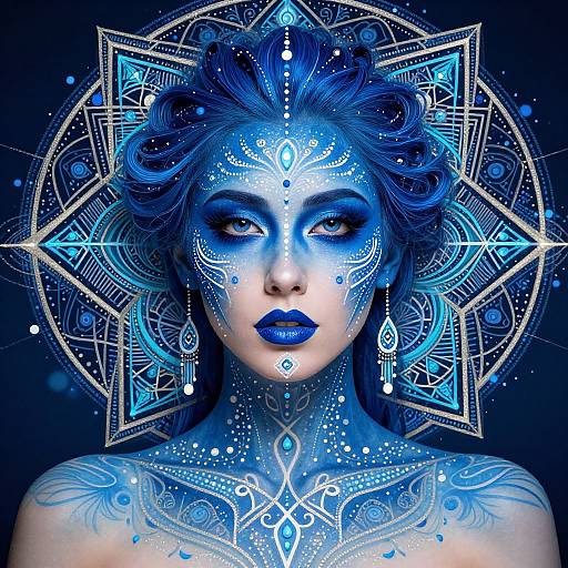 Digital artwork of a blue-faced woman with intricate mandala patterns, glowing blue eyes, and detailed tattoos, set against a dark background.