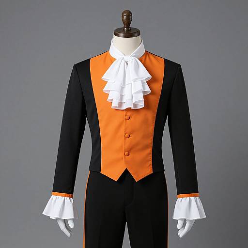 Photograph of a black and orange formal tuxedo with white ruffled cuffs, white bow tie, and white gloves on a mannequin.