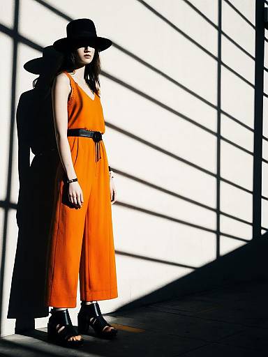 Woman in Orange Boho Chic Jumpsuit with Black Hat