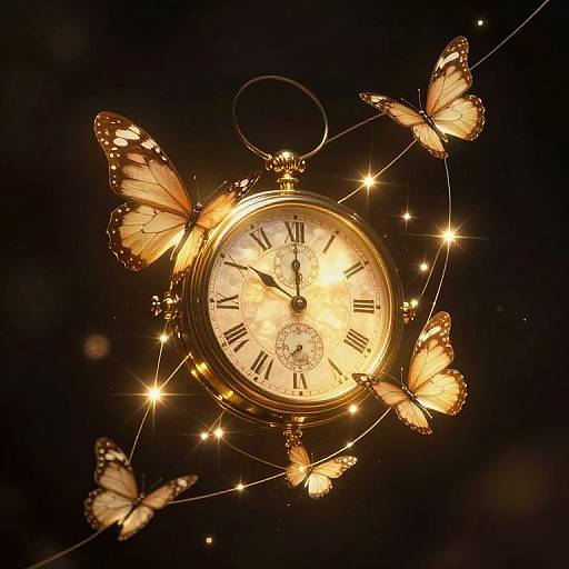 Photograph of a golden vintage clock with glowing orange butterfly decorations and sparkling lights against a dark background.