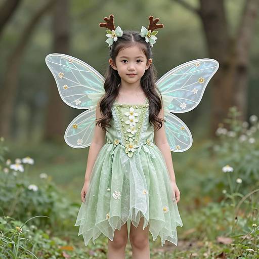 Photograph of an Asian girl with long black hair, wearing a green fairy dress, translucent wings, and deer antler headpiece, standing in a