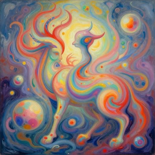 Vibrant, abstract painting of a mythical, flowing, multi-colored unicorn-like creature surrounded by swirling, glowing orbs in a cosmic blue and yellow background