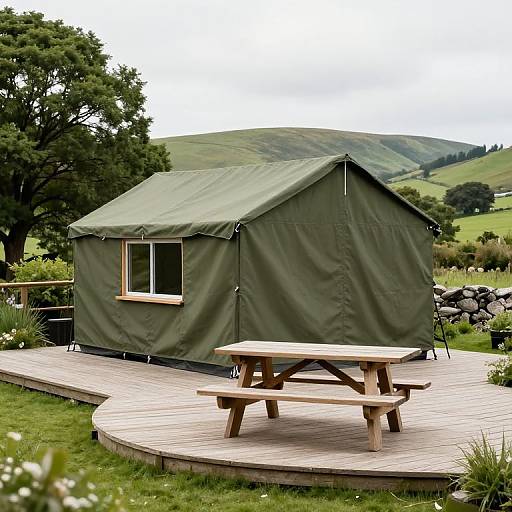 Olive-Green Yurt on Wooden Deck