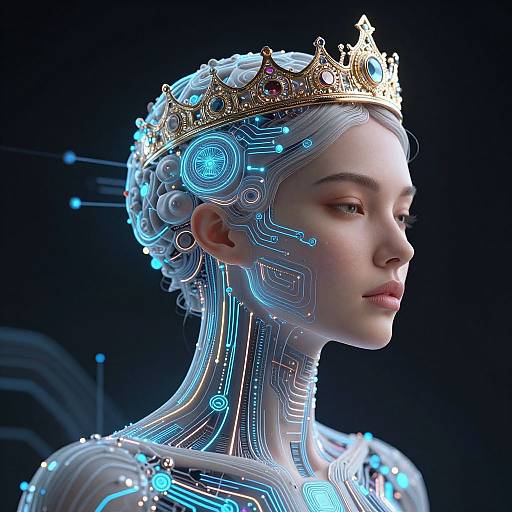Digital artwork of a pale-skinned, futuristic woman with glowing blue circuits, wearing a golden crown, and a white braided hairstyle, set against a