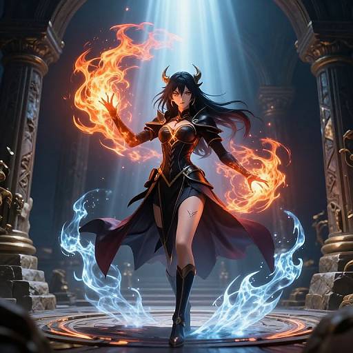 Digital art: Dark-haired, horned woman with glowing red and blue fire, wearing black armor, standing in a lit, ancient stone hall.
