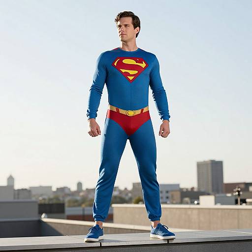 Photograph of a tall, muscular man with short brown hair, wearing a blue Superman suit with red 