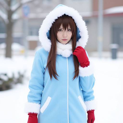 Digital anime-style image of a young woman with long brown hair, wearing a light blue winter coat with white fur trim, red gloves, and a white